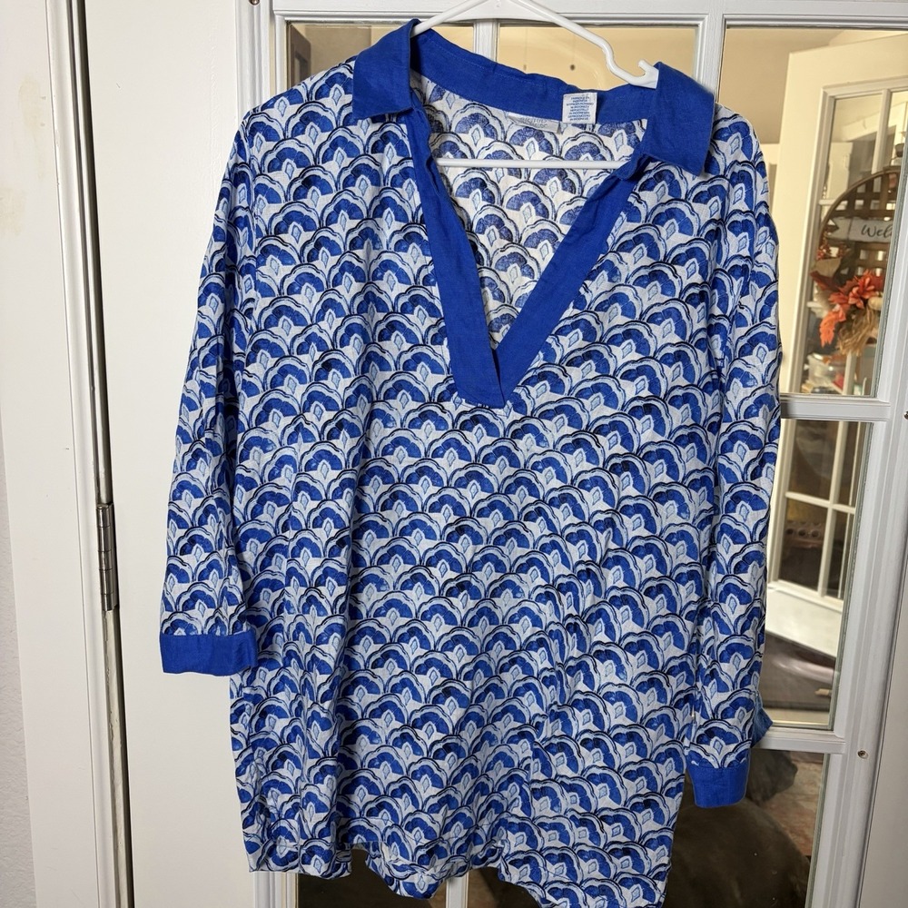 Sigrid Olsen Blue & White Linen Top Size XL Coastal Grandmother Resort Beach